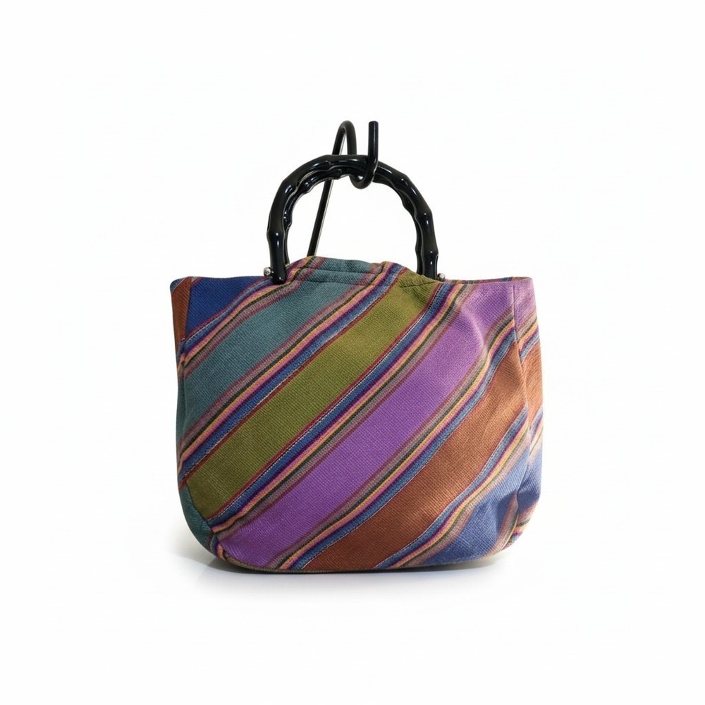 Forever By Fossil Striped Canvas Hand Bag Hard Plastic Faux Bamboo Strap Key